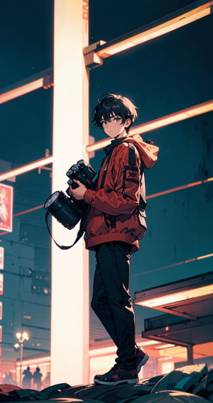 1boy taking camera shot , fujifilm camera, night city,epic photo