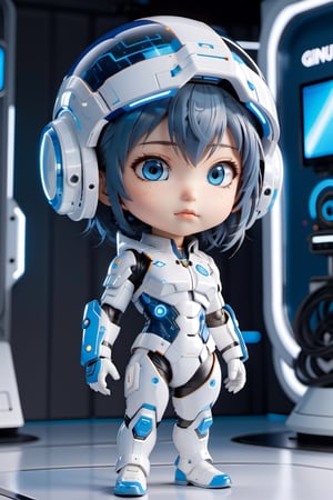 Highly detailed 3D models of Giyu Tomioka in a whtie blue futuristic suit, white, tiny, tiny, chibi style, whole body, Sharp focus, 8K wallpaper, Masterpiece,chibi,Chibi Style