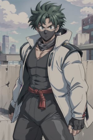 Create an image of a ((Ninja guy)) with sleek, designed as a futuristic defender. Show him in a dynamic pose, ready to protect a high-tech cityscape against imminent threats, utilizing his enhanced abilities,retro,son goku,midoriya izuku