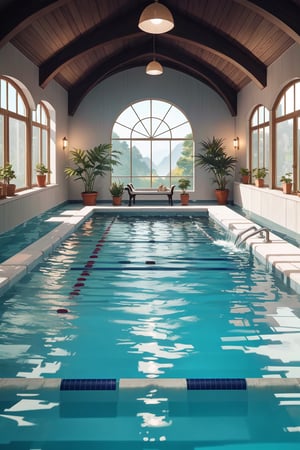A large, indoor swimming pool in a luxurious home. The pool is surrounded by glass windows, which offer stunning views of the surrounding landscape. The pool is also equipped with a variety of features, such as a waterfall, a swim-up bar, and a jacuzzi. The overall atmosphere of the pool area is one of luxury, relaxation, and serenity.