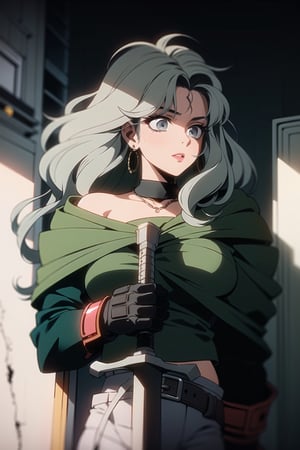 (((from below))a woman with blue hair holding a sword,  ((green gray hair)) ((long wavy hair)) warrior suit , viking suit, knights of zodiac girl, berserk art style, griffith from berserk, from berserk, vincent di fate nausicaa, griffith, manara, knights of zodiac girl, tsutomu nihei art, berserk style, in berserk manga, 80 s anime art style, portrait of a female anime hero