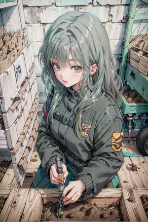 (green gray hair color) Create an artwork featuring a young girl in a fortified suit equipped with specialized mechanical parts and adaptable robot joints, assisting in agricultural tasks. Show her using the suit's abilities to plant, harvest, or care for animals on her family's farm.
