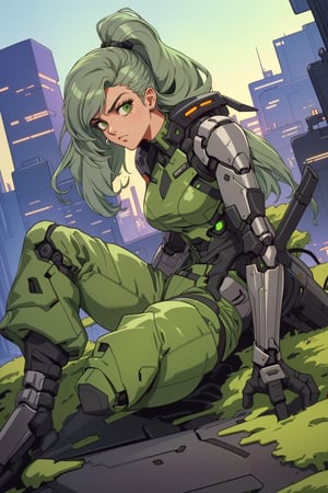 ((90s style)) Create an image of a 1girl  sleek ((green gray hair)), advanced mechanical joints, designed as a futuristic defender. Show him in a dynamic pose, ready to protect a high-tech cityscape against imminent threats, utilizing his enhanced abilities,90s style,retro,,1990s (style),90s