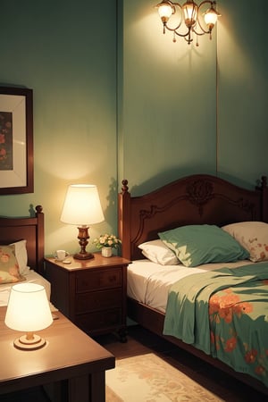 A cozy bedroom with two bedside tables, each with a unique lampshade. The lampshades are made of different materials and have different colors and patterns. The lamp on the left has a fabric lampshade with a floral pattern. The lamp on the right has a metal lampshade with a geometric pattern. The bedroom is lit by the soft glow of the two lamps, and the atmosphere is one of relaxation and tranquility.