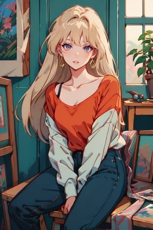 anime girl in orange top shirt , and blue jeans sitting front of windows , laying on windows, anime style, anime, ghibli, by Krenz Cushart, Yoneyama Mai, painting by Mucha, Violet evergarden,pixel art