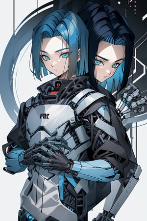 android 17, short hair, ((blue hair:1.4)), blue eyes , metal arms, perfect body,retro,1girl,futubot 