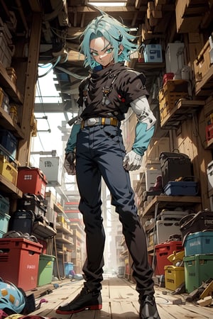 android 17, short hair, ((light blue hair:1.4)), green eyes , mechanic arms