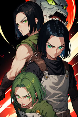 1boy, , cyber eyes, blue hair,  elbow gloves, eyebrows,  furrowed brow, gloves, green eyes, green hair, looking at viewer, mask, mouth mask, official art, pale skin, serious, short hair ,android17