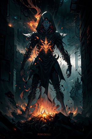 Create an image of a mechanized warlock in a dystopian city. The figure is clad in dark robes with a hood, glowing red eyes, and intricate armor that fuses technology and arcane symbols. The environment is dark, lit by the glow of the warlock's armor and the distant city lights. focus on high detail and contrast, with a balance between the fantastical elements and the grounded, realistic textures.,retro,android17,emma sekiro