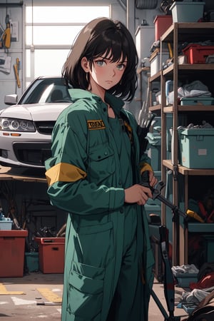 A young woman in a mechanic's jumpsuit, working on a car in a garage. She is holding a wrench in her hand and is leaning under the hood of the car. She is focused on her work and has a determined expression on her face. The garage is well-lit and organized, and there are various tools and parts scattered around.