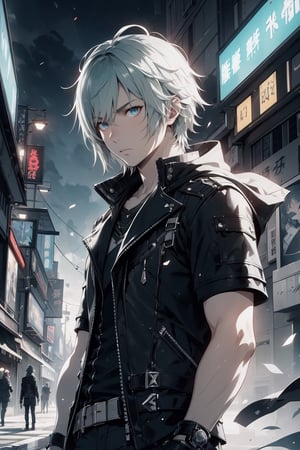 Looking down, Green Gray hair, Noctis ffxv,king wear, confused expression  ,1boy  , glothes, man cosplay , blue aura, random girl , original character perfect eyes, blue glowing hair,Detailedface, futuristic city, apocalypse,manga,nodf_lora