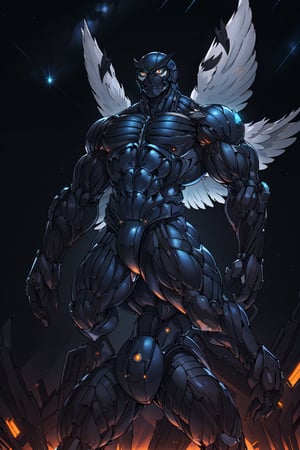 A majestic and heroic man wearing a sleek white and blue owl suit, with large and powerful wings outstretched, soaring through the night sky with a determined expression on his face. The owl suit is adorned with silver accents and glowing blue symbols, and the man's eyes shine with wisdom and courage.,mecha