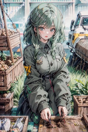 (green gray hair color) Create an artwork featuring a young girl in a fortified suit equipped with specialized mechanical parts and adaptable robot joints, assisting in agricultural tasks. Show her using the suit's abilities to plant, harvest, or care for animals on her family's farm.