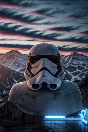 Starwars,  Stormtrooper, full body shot,solo,  Sky,  cloud,  water, no humans,  glowing,  helmet, light saber,full body robot, mecha,  robot,  science fiction,  mountain,  motion blur, fog,,,photorealistic,,<lora:659111690174031528:1.0>