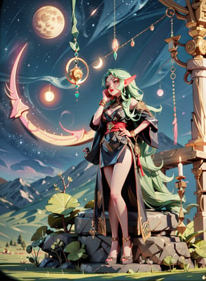 adult female spirit mage,casting celestial moon spell,dark tones,  high fantacy mixed with sifi scene,neon, woman elf, android prostitute ,wearing lots of jewlery, wearing black patterned highly detailed silk wizards robe, sexy body, slim, soft skin, detailed silk cape,sleek, hi-tech, intricate designer lingerie, red lipstick, celestial magical landscape in background,