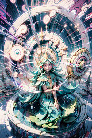 beautiful adult elf female wizard mage mystic monk shaman, sexy body, perfect face, casting spell, proportional hands,  mixed with technology , wearing lots of jewlery, wearing a detailed dress with water patterns, holographic arms floating besides her, vhs visual effect, glitch, matte painting, beautifuly detailed, swirl patterns, spiral patterns, chromatic_aberration,  through the looking glass, fantasy setting