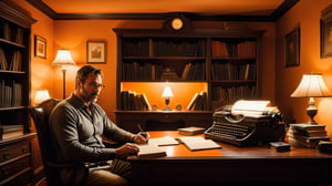 man in his 40s in a bedroom with books and bookcases, and a desk with a typewriter inside of a colonial house, at midnight, with orange sodium lights, with cinematic lighting, seen from besides, more detail XL,more detail XL,donmcr33pyn1ghtm4r3xl  