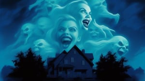 duotone horrifying vampire woman with grinning mouth and huge fangs floating ghosts, movie poster illustration