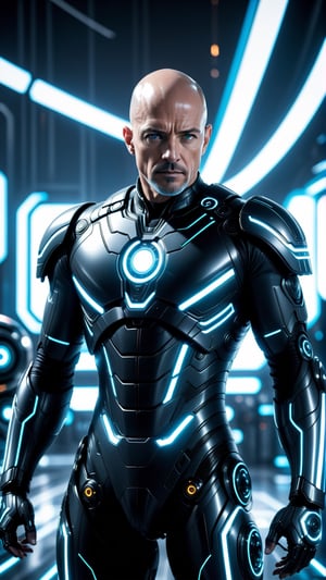 bald, muscular white man in his fifties, hazel eyes, dressed in TRON legacy style suit, with machines in the background, with cinematic lighting, extremely detailed. 8k,monster,cyborg style,cyborg,android,make_3d,Movie Still