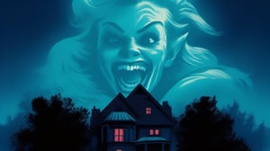 duotone horrifying vampire woman with grinning mouth and hige fangs movie poster illustration