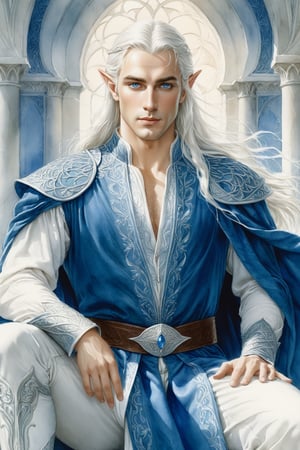 closeup. watercolor by Allan Lee. watercolor. Tolkien illustration.. detailed. realistic. closeup. closeup portrait of a handsome masculine male elf, long white hair, blue eyes, elven ears, blue and white medieval clothes, in a white chamber, ethereal, tall and wide shoulders, elegant, dramatic pose, Intricate, dramatic, dramatic pose, intricate fabric, intricate clothes, very detailed clothes, broad shoulders, wide shoulders, sitting on a white stone throne