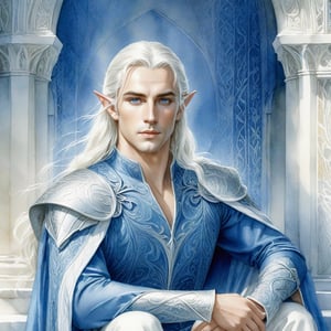 closeup. watercolor by Allan Lee. watercolor. Tolkien illustration.. detailed. realistic. closeup. closeup portrait of a handsome masculine male elf, long white hair, blue eyes, elven ears, blue and white medieval clothes, in a white chamber, ethereal, tall and wide shoulders, elegant, dramatic pose, Intricate, dramatic, dramatic pose, intricate fabric, intricate clothes, very detailed clothes, broad shoulders, wide shoulders, sitting on a white stone throne, elegant elven robes, 