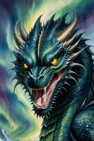 painting by Matthew Stewart. watercolor. closeup. elegant dragon. hard, defined scales. facing the viewer. huge black european dragon.  golden eyes. roaring. threatening.  angry. huge muscular head. majestic.  northern lights