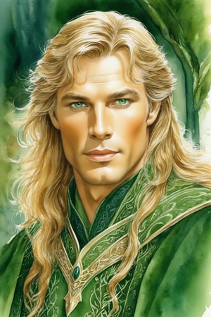 closeup. watercolor by Allan Lee. watercolor. Tolkien illustration.. detailed. realistic. closeup. closeup portrait of young Richard Chamberlain as a handsome masculine male elf,  strong jaw, wide face, long golden hair, greeneyes, green and golden medieval clothes, in a green marble chamber, ethereal, tall and wide shoulders, elegant, dramatic pose, Intricate, dramatic, dramatic pose, intricate fabric, intricate clothes, very detailed clothes, broad shoulders, wide shoulders, elegant elven robes, 