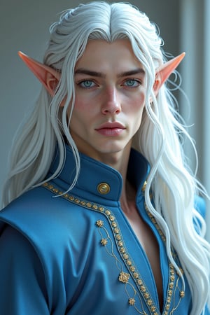 closeup portrait of sztankay istv�n as a handsome masculine man, full body portrait of a handsome masculine male elf, long white hair, blue eyes, elven ears, blue and white medieval clothes, in a white chamber, ethereal, tall and wide shoulders, elegant, dramatic pose, trending on ArtStation, trending on CGSociety, Intricate, High Detail, Sharp focus, dramatic, photograph by Guy Aroch, dramatic pose, intricate fabric, intricate clothes, very detailed clothes, broad shoulders, wide shoulders