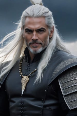 A behemoth of a man, 40 years young and radiating an aura of rough, tough masculinity, stands before us. His long, unkempt white locks are tied back in a ponytail, with two jet-black strands framing his face, while his sideburns seem to ripple like thunderclouds. Pointed ears protrude from his noble features, as if sharpening his already-golden gaze into piercing daggers. Medieval finery adorns his powerful physique, a testament to his divine and malevolent essence. A wicked grin spreads across his angular face, hinting at the cunning and dark god-like power lurking beneath the surface.