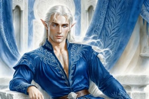 closeup. watercolor by Allan Lee. watercolor. Tolkien illustration.. detailed. realistic. closeup. closeup portrait of a handsome masculine male elf, long white hair, blue eyes, elven ears, blue and white medieval clothes, in a white chamber, ethereal, tall and wide shoulders, elegant, dramatic pose, Intricate, dramatic, dramatic pose, intricate fabric, intricate clothes, very detailed clothes, broad shoulders, wide shoulders, sitting on a white stone throne