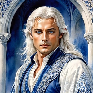 closeup. watercolor by Allan Lee. watercolor. Tolkien illustration.. detailed. realistic. closeup. closeup portrait of Alain Delon as a handsome masculine male elf, long white hair, blue eyes, elven ears, blue and white medieval clothes, in a white chamber, ethereal, tall and wide shoulders, elegant, dramatic pose, Intricate, dramatic, dramatic pose, intricate fabric, intricate clothes, very detailed clothes, broad shoulders, wide shoulders, elegant elven robes, 