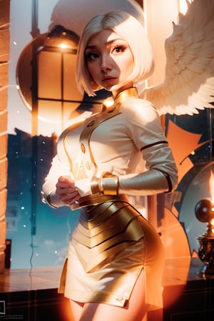 Highres, best quality, extremely detailed, female knight, holding a mighty weapon, armor, angel Wings, feathers falling from the sky, angelic, angel, flying, green eyes, overlooking an army of warriors in gold, horror style, golden statues, area lighting, hourglass_figure, HD, 8k
