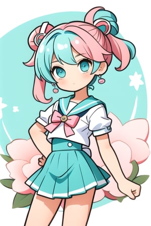 pink_hair ,3girls, chibi, masterpiece, best quality, highres, michiru, sailor senshi uniform, aqua hair