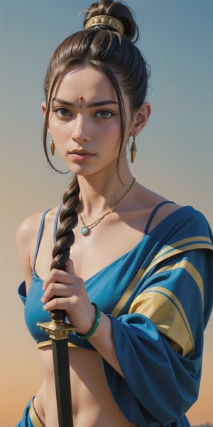 Protrait, photograph, androgynous hunnuman, oval jaw, delicate features, beautiful face, dreadlocked hair, short bangs, long ponytail, bright blue eyes, hindu art, Indian,,dakini, war background, sword in hand