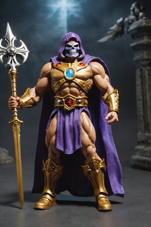 Skeletor's muscular physique is encased in ironclad armor, reflecting his tyrannical nature. His skeletal face peers out from the helmet, and his piercing eyes glow with an unholy light. Armed with a Havoc Staff and surrounded by an army of robotic minions, Skeletor stands as the unrelenting warlord determined to conquer Castle Grayskull.
