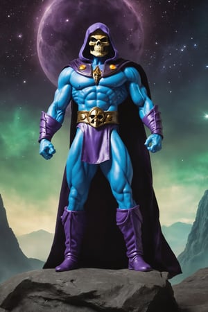 A cosmic malevolence personified, Skeletor's muscular form is enhanced by dark sorcery. Draped in an otherworldly cloak adorned with cosmic symbols, his exposed skull gleams with an unnatural, ethereal glow. Skeletor's mastery of dark magic and his command of Castle Grayskull's secrets make him a formidable force against the forces of good.