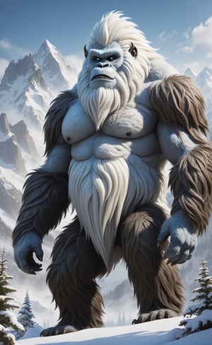 Amidst the towering peaks of a majestic mountain range, a photorealistic depiction of the mythical creature known as the Yeti comes to life. Against a backdrop of pristine snow-covered slopes and craggy cliffs, the enigmatic beast stands upright, covered in a thick, frosty fur that perfectly camouflages it in its wintry habitat. The creature's powerful frame is defined by sinewy muscles beneath its fur, and its large, clawed feet leave deep imprints in the snow as it navigates the rugged terrain. The Yeti's face is characterized by piercing eyes that peer out from beneath a fur-covered brow, emanating an air of mystery and ancient wisdom. Wisps of icy breath escape its formidable jaws, creating a tangible sense of the frigid mountain air. This photorealistic portrayal captures the mythical Yeti in its natural alpine environment, a silent and elusive guardian of the snow-capped peaks, shrouded in the aura of legend and the quiet majesty of the mountains.