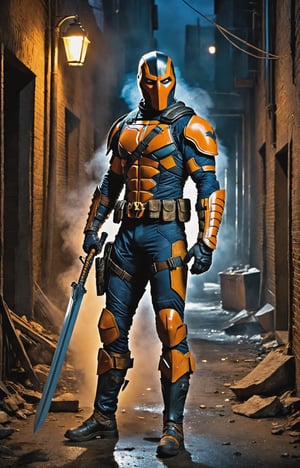 In a dimly lit alley, a portrait of legendary DC anti-hero Deathstroke comes to life with grim intensity. The mercenary stands stoically, bathed in the harsh glow of a lone lantern, casting sharp shadows across the jagged contours of his battle-worn armor. His helmet exudes a menacing aura, revealing only a piercing, cold gaze that speaks volumes about a lifetime of war. The metallic sheen of his orange and blue armor reflects ambient light, telling stories of countless battles and close encounters. Strands of white hair protrude from the edges of the mask, adding an aura of mature wisdom to the formidable face. The faint glow of a cigar between clenched teeth releases thin wisps of smoke, adding an element of gruff determination to this portrait of a complex and enigmatic DC character. 8K, Full body