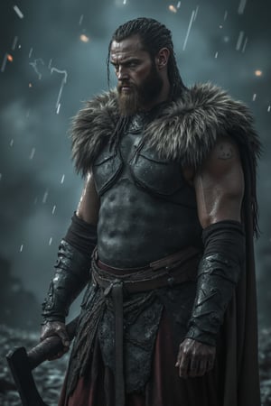 (slender), ((narrow waist)),""Stunning, dark image of a Viking warrior, photorealistic, drenched in rain under a stormy sky. Heavy leather armor with fur trim, Norse tattoos visible on his neck and arms, dark braided hair, and intense gaze. Lightning flashes in the background, faintly illuminating his face and battle axe. Raindrops on his armor and axe, rugged textures, moody lighting, high detail, cinematic and intense Viking look."

