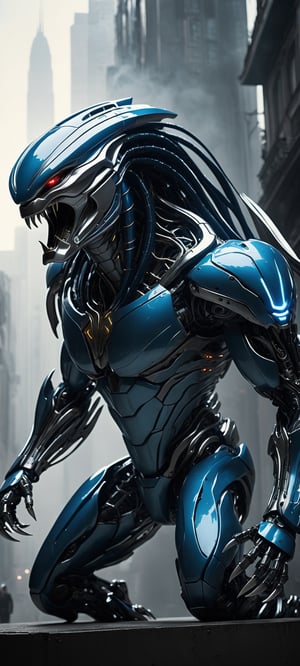 Amidst the teeming chaos of the city, the predator moves with an eerie grace, its senses honed to a razor-sharp edge as it tracks its prey through the labyrinthine streets. Unnoticed amidst the throngs of pedestrians, its presence is a phantom amidst the cacophony of urban life.

In the vast expanse of a distant, alien world, a figure emerges from the shadows with an otherworldly aura. This is no ordinary predator; it is a mechanical marvel, crafted from gleaming steel and pulsating with an ethereal glow of soft, celestial blue.

Standing tall and imposing, its metallic frame exudes an air of formidable strength and power. Every contour and detail of its form is meticulously designed, from the intricate patterns etched into its armor to the sleek lines that define its silhouette. Though its appearance is undeniably alien, there is a sense of elegance and grace in its design, a testament to the advanced technology that birthed this mechanical marvel.

As it moves with fluid precision through the dense jungle terrain, the mechanical predator emits a soft hum, the sound of its internal mechanisms working in perfect harmony. Its movements are calculated and deliberate, betraying the advanced artificial intelligence that drives its actions.

Adorned with pulsating lights that cast a gentle blue glow upon its surroundings, the mechanical predator cuts a striking figure amidst the verdant landscape. Though its origins may be shrouded in mystery, there is no denying the sense of awe and reverence inspired by its presence.

In this alien world, the mechanical predator is a force to be reckoned with, a silent guardian of its domain. Whether friend or foe, none can deny the sheer majesty and power of this celestial sentinel, a testament to the boundless possibilities of technology and innovation.