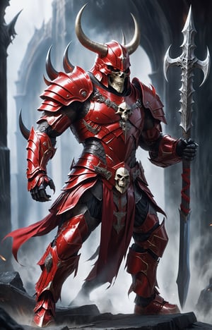 Full body. Dominating the stage is a muscular and imposing figure, clad in shiny red armor that highlights the sculpted contours of their body. The head is decorated with a skull-shaped helmet, which gives the character a sinister and terrifying aura, horns, In the figure's strong grip, a massive and intimidating battle ax shines, ready for a powerful and decisive strike, the red armor reflects the ambient light, creating a captivating play of light and shadow that highlights both the strength and the sinister presence of the character