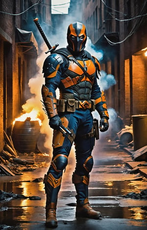 In a dimly lit alley, a portrait of legendary DC anti-hero Deathstroke comes to life with grim intensity. The mercenary stands stoically, bathed in the harsh glow of a lone lantern, casting sharp shadows across the jagged contours of his battle-worn armor. His helmet exudes a menacing aura, revealing only a piercing, cold gaze that speaks volumes about a lifetime of war. The metallic sheen of his orange and blue armor reflects ambient light, telling stories of countless battles and close encounters. Strands of white hair protrude from the edges of the mask, adding an aura of mature wisdom to the formidable face. The faint glow of a cigar between clenched teeth releases thin wisps of smoke, adding an element of gruff determination to this portrait of a complex and enigmatic DC character. 8K, Full body