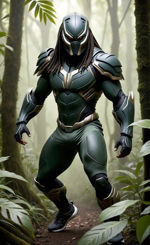 In the dense jungle undergrowth, where the air is thick with humidity and the canopy overhead casts a dappled pattern of sunlight and shadow, a figure stalks silently through the foliage. Cloaked in a camouflage-patterned tracksuit, its fabric blending seamlessly with the surrounding vegetation, this unexpected predator moves with a fluid grace that belies its immense strength.

With each careful step, the fallen leaves and branches barely stir beneath the creature's feet, its movements as stealthy as the ghostly whispers of the jungle itself. Despite the casual attire of the tracksuit, there is an undeniable aura of menace that emanates from this enigmatic figure, a silent warning to any who would dare to cross its path.

Beneath the hood of the tracksuit, the creature's features remain concealed, obscured by shadows and mystery. Yet, the glint of predatory intent in its eyes is unmistakable, a gleaming beacon of danger amidst the verdant landscape.

In its hand, the creature clutches a formidable weapon, a sleek and deadly instrument of destruction that contrasts sharply with the casualness of its attire. With a single, swift motion, it readies itself to unleash its lethal arsenal upon unsuspecting prey, its gaze fixed with unwavering focus on its target.

This is no ordinary predator; this is a hunter unlike any other, a fearsome force to be reckoned with even in the most unlikely of attire. In the heart of the jungle, the predator in the tracksuit reigns supreme, a silent and deadly guardian of its domain.