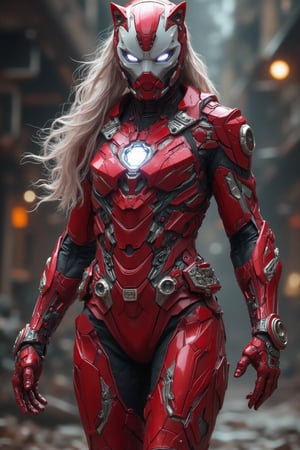 "Muscular, fierce female superhero combining elements of Captain America, Black Panther, and Iron Man, with a patriotic red and white color scheme inspired by Poland. Form-fitting, armored suit with red and white vibranium plating, Black Panther’s sleek claw details, and Iron Man’s arc reactor chest piece. Polish coat of arms, with white eagle emblem on chest, mixed with Captain America's star symbol. Helmet with feline ears and Iron Man's visor, powerful stance, photorealistic detail, epic lighting, Marvel-style Polish defender.",darklord armour