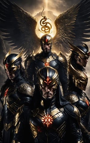 Imagine a powerful team of superheroes striking a dynamic group pose. Four of them radiate a sense of celestial grace, adorned in regal white and gold colors, each donning angelic wings that symbolize their ethereal nature. Their faces are adorned with warm smiles, reflecting a sense of hope and goodness.In stark contrast, a lone superhero stands in all black, emanating an aura of brooding intensity. The darkness surrounding this character is accentuated by ominous skulls and serpents, which intertwine with their ominous presence. The superhero in black wears an expression of anger and determination, setting them apart from the luminous optimism of their counterparts.This powerful group photo captures the dichotomy between light and darkness, good and evil, within the superhero team. The visual narrative unfolds with each character embodying a distinct persona, collectively creating a captivating tableau of contrasting forces within the realm of superheroes.,LegendDarkFantasy,photo r3al,Red mecha