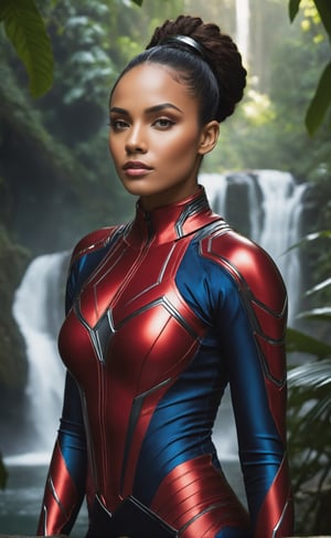 At the precipice of a lush, futuristic jungle, a superlatively athletic woman commands attention in a strikingly detailed photorealistic portrayal. Donned in a sleek and technologically advanced crimson suit reminiscent of the Black Panther's, she exudes strength and grace. The form-fitting ensemble accentuates her toned physique, seamlessly blending with the contours of her body. The reflective surfaces of the futuristic fabric catch the ambient light, creating a subtle yet mesmerizing play of highlights and shadows. Her athletic prowess is showcased as she confidently stands on the edge of a colossal waterfall, the cascading water creating a dynamic backdrop. The vibrant hues of the jungle foliage amplify the intensity of the scene, while the futuristic elements of her suit suggest a seamless integration of advanced technology with natural surroundings. This photorealistic image captures the essence of a powerful and futuristic female warrior in a visually stunning setting, ready to embark on a thrilling adventure.