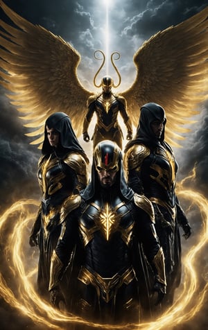 Imagine a powerful team of superheroes striking a dynamic group pose. Four of them radiate a sense of celestial grace, adorned in regal white and gold colors, each donning angelic wings that symbolize their ethereal nature. Their faces are adorned with warm smiles, reflecting a sense of hope and goodness.In stark contrast, a lone superhero stands in all black, emanating an aura of brooding intensity. The darkness surrounding this character is accentuated by ominous skulls and serpents, which intertwine with their ominous presence. The superhero in black wears an expression of anger and determination, setting them apart from the luminous optimism of their counterparts.This powerful group photo captures the dichotomy between light and darkness, good and evil, within the superhero team. The visual narrative unfolds with each character embodying a distinct persona, collectively creating a captivating tableau of contrasting forces within the realm of superheroes.,LegendDarkFantasy,photo r3al,Red mecha