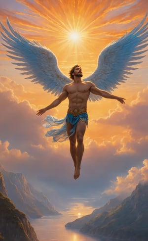 Against the backdrop of a vast, ethereal sky, the mythological figure of Icarus soars with breathtaking realism, his outstretched wings capturing the delicate hues of dawn. The meticulously detailed feathers of his wings create a mesmerizing pattern, glistening in the gentle sunlight as he ascends higher into the heavens. The warmth of the golden sun bathes his figure in a soft glow, casting a subtle shadow on the wisps of clouds below. Icarus, with determination etched on his face, propels himself towards the sun, his journey encapsulating both the yearning for freedom and the tragic inevitability of his mythical fate. The celestial canvas is painted with hues of orange and pink, adding a poetic touch to this poignant moment of flight and ambition, frozen in a photorealistic tableau of classical mythology.