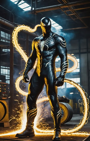 Within the fiery confines of an industrial welding workshop, the symbiotic transformation of Venom takes an unexpected and visually electrifying turn. The towering figure of Venom, clad in a molten, metallic symbiotic suit, welds with a methodical precision using the intense brilliance of the MIG welding technique. Sparks fly in chaotic patterns as the white-hot welder's arc illuminates the symbiote-infused creature's formidable silhouette. The symbiotic tendrils snake around the welding equipment, responding to the intense heat and energy with an otherworldly resilience. The ambient glow of the welding sparks plays upon the glossy black surface of Venom's symbiotic suit, creating a mesmerizing interplay of light and shadow. The fusion of the extraterrestrial symbiote and the industrial sparks captures the essence of a unique and powerful Venom, embracing both the menacing nature of the character and the intense craftsmanship of a skilled spawacz wielding the MIG method.